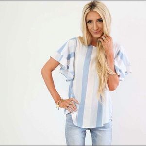Blue & white striped blouse with ruffle sleeves